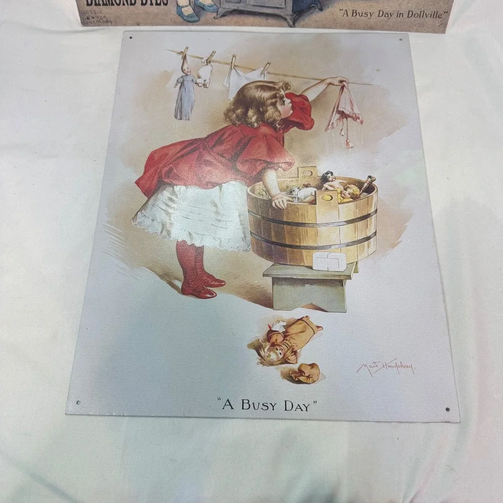 Vintage Diamond Dyes Tin Signs A Busy Day Dollville Bessie Pease Gutmann 1990's